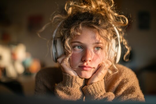 Teenager attending a virtual lesson at home with headphones on, following the class from a computer