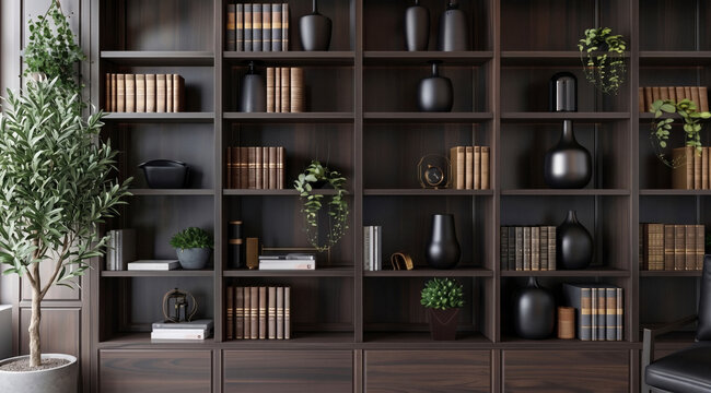 Elegant dark wood built-in bookcase with classic books, matte vases, and trailing plants for a sophisticated virtual background.