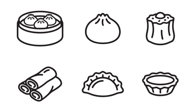 Traditional asian dumplings and dim sum delicious food vector line icons set with dumpling restaurant traditional delicious collection appetizer