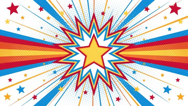 A colorful comic book starburst background with halftone patterns and radiating rays. Ideal for vibrant graphic designs and dynamic promotional banners.