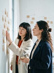 Obraz premium Generative AI, Two women arranging sticky notes on a wall during a brainstorming session