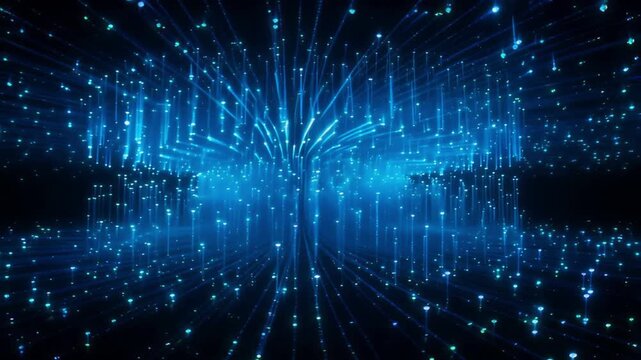 Glowing blue fiber optic threads streaming through dark space creating dynamic digital motion animation for modern scientific data transfer background