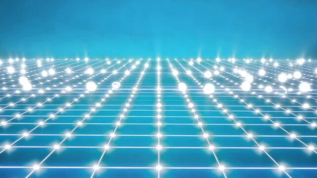 Abstract digital landscape with glowing grid and luminous orbs transitioning from purple to blue tones, creating a vibrant visual experience across three frames