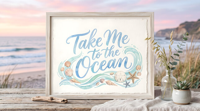 Watercolor painting featuring blue cursive lettering saying take me to the ocean framed within a light wooden border set on a rustic weathered table overlooking a tranquil sandy beach scene.