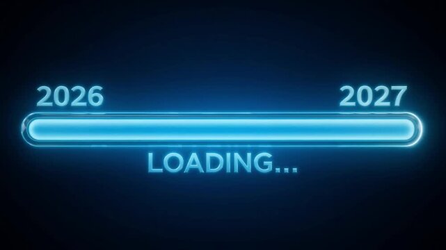 Progress bar animation showing the transition from twenty twenty six to twenty twenty seven in this glowing blue digital video
