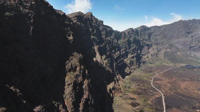 Amazing Landscape of Fogo Island, Cape Verde. Drone Shot of Steep Volcanic Cliffs and Road 60fps
