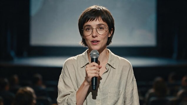 Generative AI, Woman speaking to an audience with a microphone on a stage in a dark auditorium