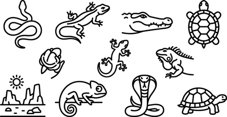 Obraz premium Wild reptiles and amphibians line icon set featuring snake lizard alligator turtle chameleon cobra gecko and iguana elements for wildlife education branding illustration