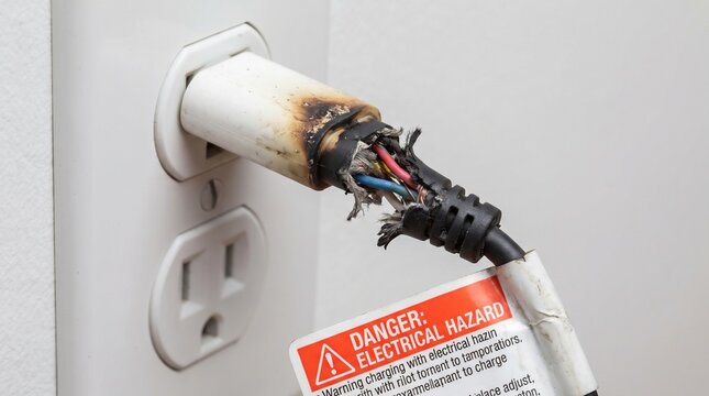 Damaged electrical charging connector plugged into a white outlet with warning label with exposed wires warning close damaged close up electricity technology indicating with equipment