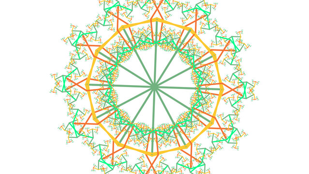 Vibrant symmetrical abstract fractal pattern with green and orange geometric lines on a dark space