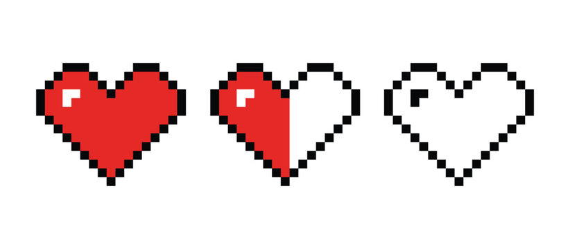 Pixelated Heart Health Bar: A visual representation of a health bar using pixel art, showing a full red heart, a half-filled heart, and an empty heart outline.