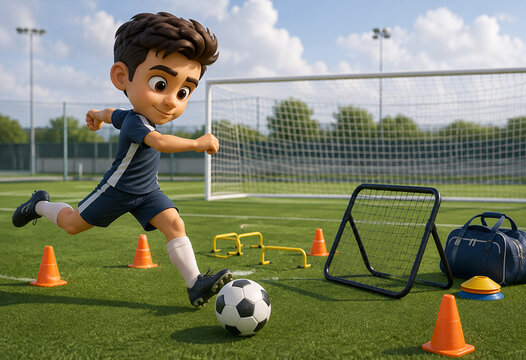 3D Cartoon Young Soccer Player Training with Rebounder Net
