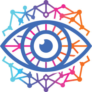 Abstract eye symbol surrounded by geometric network nodes representing computer vision and data tech.