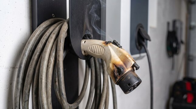 Overheated electric vehicle charging cable with smoke with cable visible burn damaged electric burn marks transportation overheating technology safety hazard energy