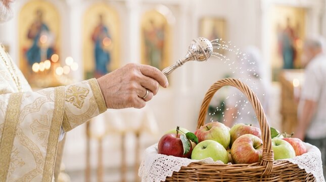 Priest blessing apples with holy water in a church. Apple Feast of the Saviour harvest celebration. Orthodox Christian religious tradition