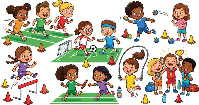 Diverse Cartoon Kids Playing School Sports Day Activities Including Soccer Running Hurdling Relay Race and Rope Skipping Vector Illustration Set