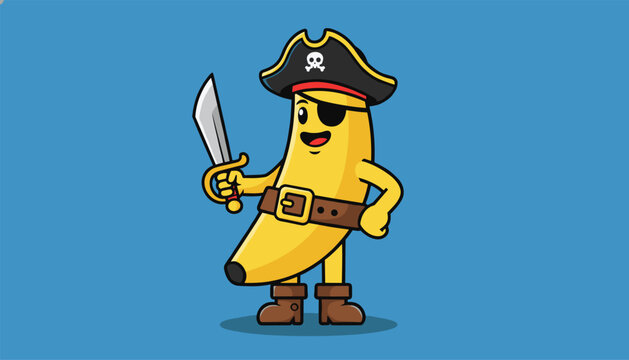 Funny cartoon banana dressed as a brave pirate holding a sharp silver sword on a dark blue background.