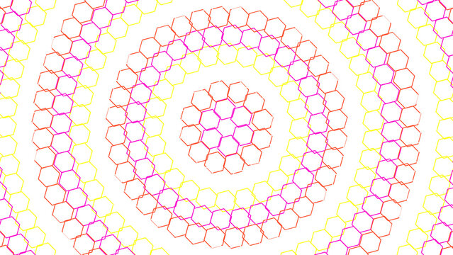 Vibrant colorful circular wave pattern formed by repeating small yellow red and white hexagons