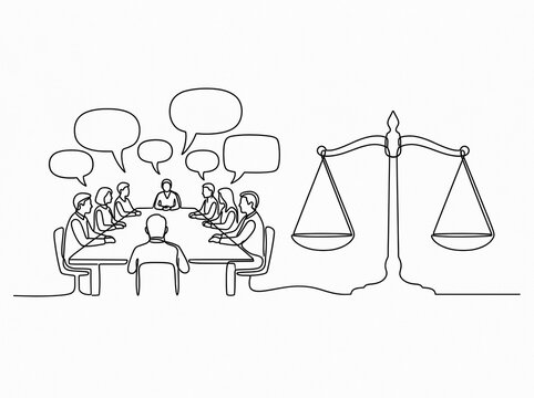 Continuous line drawing of a business meeting discussion with legal justice scales discussion business negotiation
