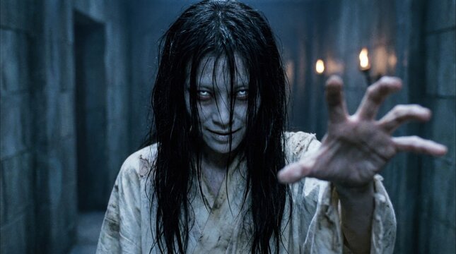 Spooky ghost girl with long black hair and white eyes reaches hand forward in dark stone room.