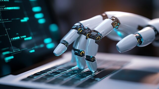 Robotic hand with polished white casing and glowing yellow joints types on a modern laptop keyboard in cinematic soft lighting