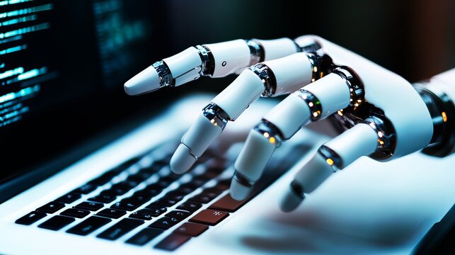 Robotic white hand typing on modern metallic laptop keyboard with glowing mechanical joints captured in high resolution soft blue light
