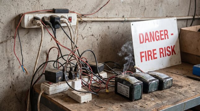 Dangerous lithium battery charging station with fire risk warning sign with cluttered hazardous lithium station exposed wires electricity overloaded electrical caution with chaotic