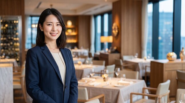 プロフィール写真をイメージした、無人の高級レストランを背景に立ち、穏やかな笑顔をカメラに向けている知的な印象の20代日本人女性社員のバストアップポートレート