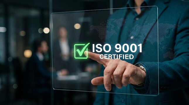 Businessman touching digital ISO 9001 certified checkmark icon on a futuristic glass screen.