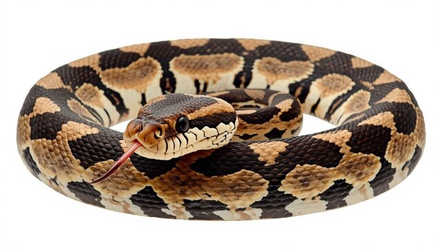 Close-up coiled ball python snake with intricate brown and black patterned scales on white background