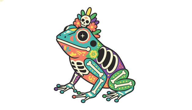 Colorful Mexican Day of the Dead frog character decorated with sugar skull patterns, flowers, and bone drawings.