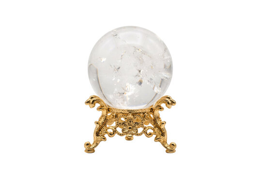 Clear Quartz Crystal Ball Sphere on Ornate Golden Stand