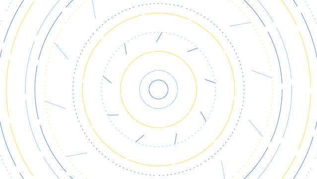 Modern artistic graphic composition featuring blue and yellow dashed concentric circles on black surface