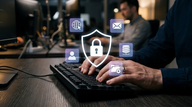 Hands typing on keyboard with digital cybersecurity shield and data protection icons overlay