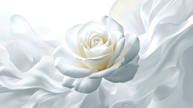 Delicate white rose blooms softly against flowing satin fabric