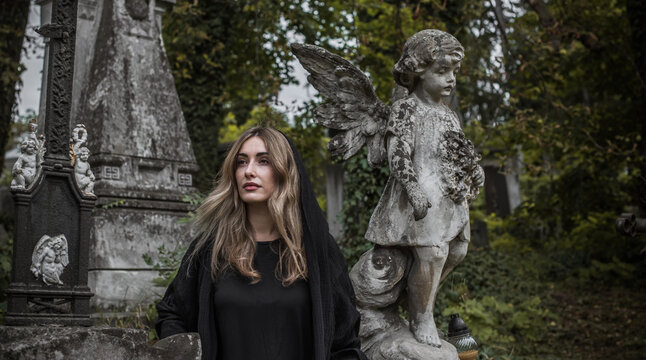 Woman in black hood at old historic cemetery with stone angel statue and ancient crypt, memorial and funerary heritage concept