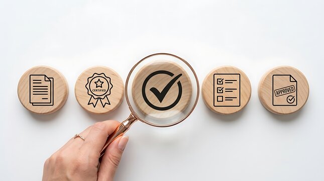 Hand holding magnifying glass over wooden block with check mark for quality assurance