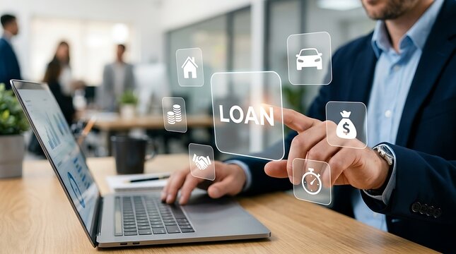 Businessman using digital loan interface on laptop for financial planning and credit approval