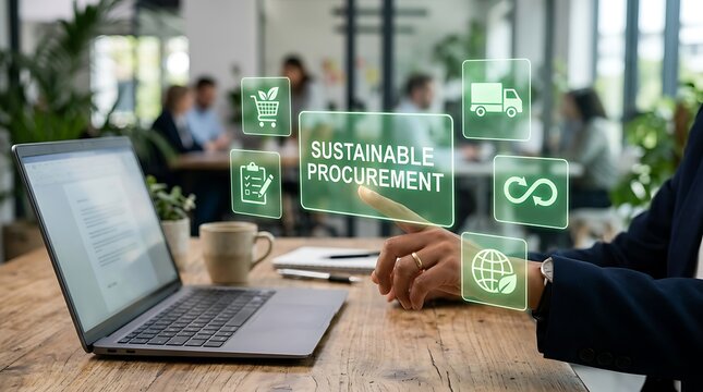 Business professional interacting with sustainable procurement digital interface in office