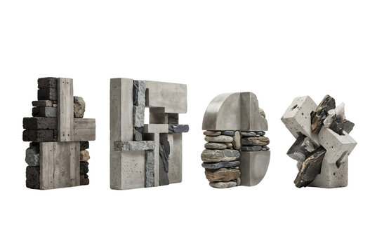 Modern architectural concrete and stone abstract sculpture collection.