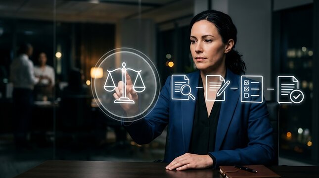 Professional lawyer interacting with digital legal icons and justice scales in office
