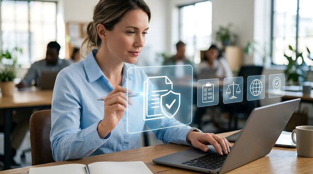 Professional woman using laptop with digital insurance policy and security icons overlay