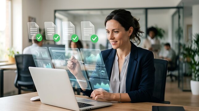 Businesswoman using digital document approval interface on laptop in modern office