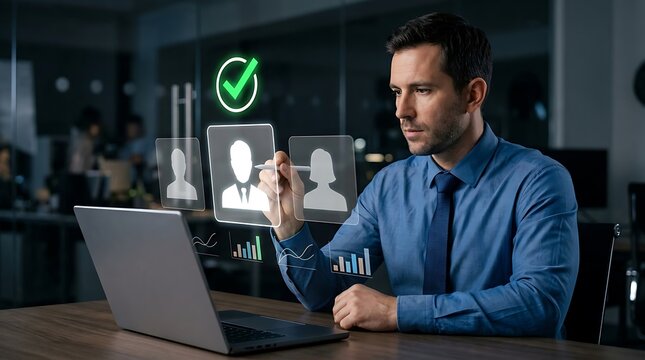 Professional recruiter selecting job candidate using digital interface and laptop in office