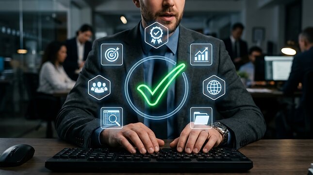 Businessman typing on keyboard with digital quality assurance and business icons overlay