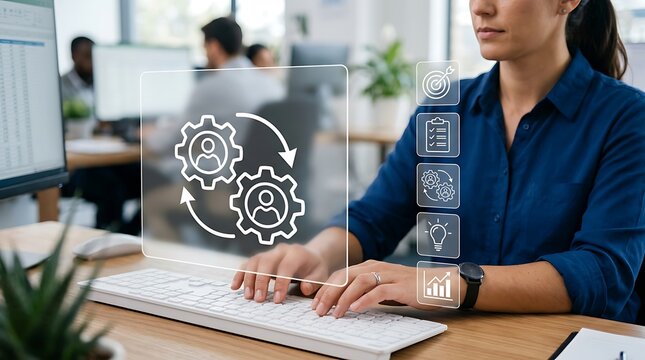 Professional woman typing on keyboard with digital business workflow interface overlay.