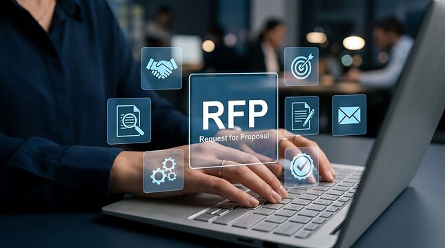 Professional typing RFP document on laptop with digital business icons in office workspace