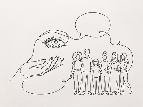 Continuous line art representing a human eye and hand watching over a diverse group of people with community