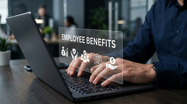 Professional typing on laptop with digital employee benefits interface in modern office.