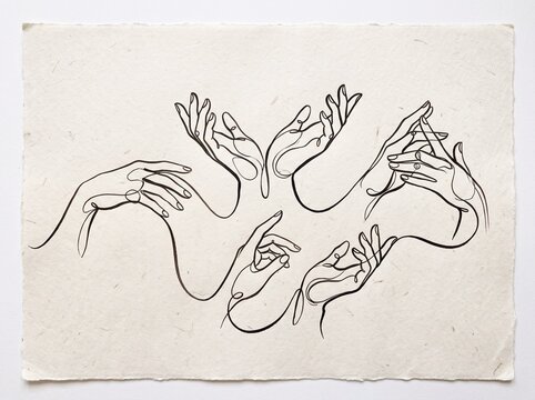 Continuous line art illustration showing multiple human hands gesturing in a complex interconnected pattern with abstract